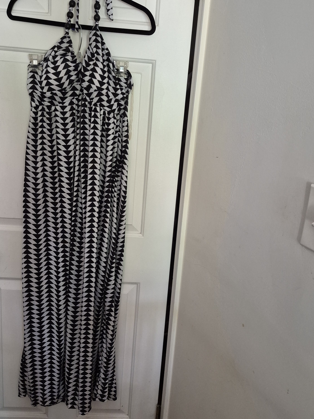 No Boundaries Black and White Geometric Halter Maxi Dress - XL